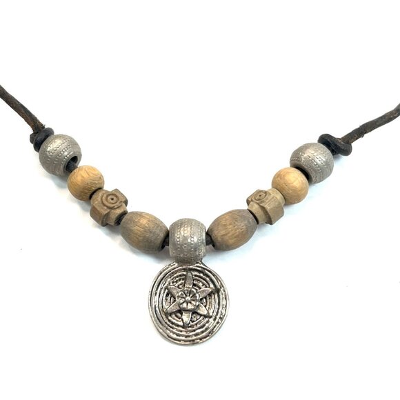 Handmade Bohemian Style Wood & Metal Beaded Necklace With Adjustable Chain A464 - Picture 1 of 6